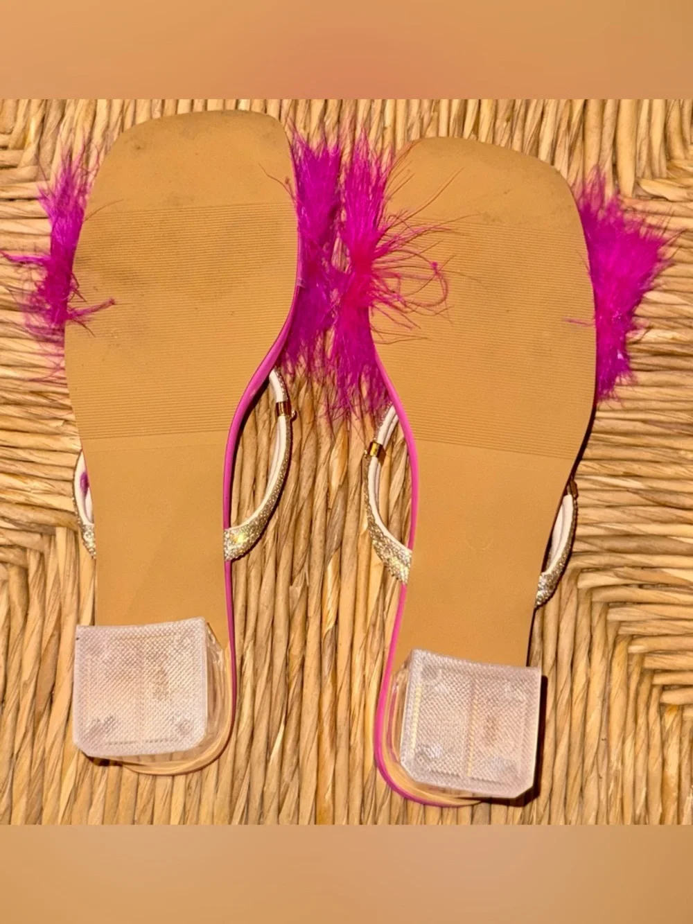Pre-Loved Hot Pink Feather Slide Mules with Glitter Straps - Picture 5 of 6